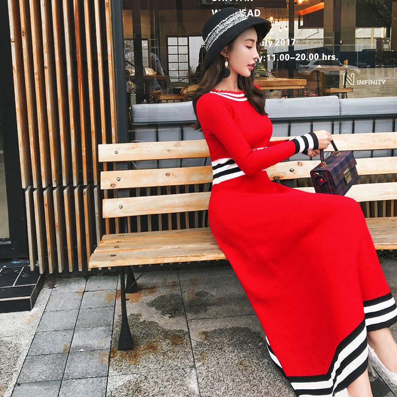 Big red long-sleeved long knit dress women