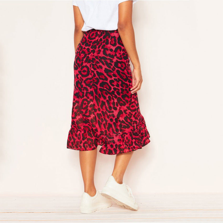 Mid-length red leopard chiffon skirt