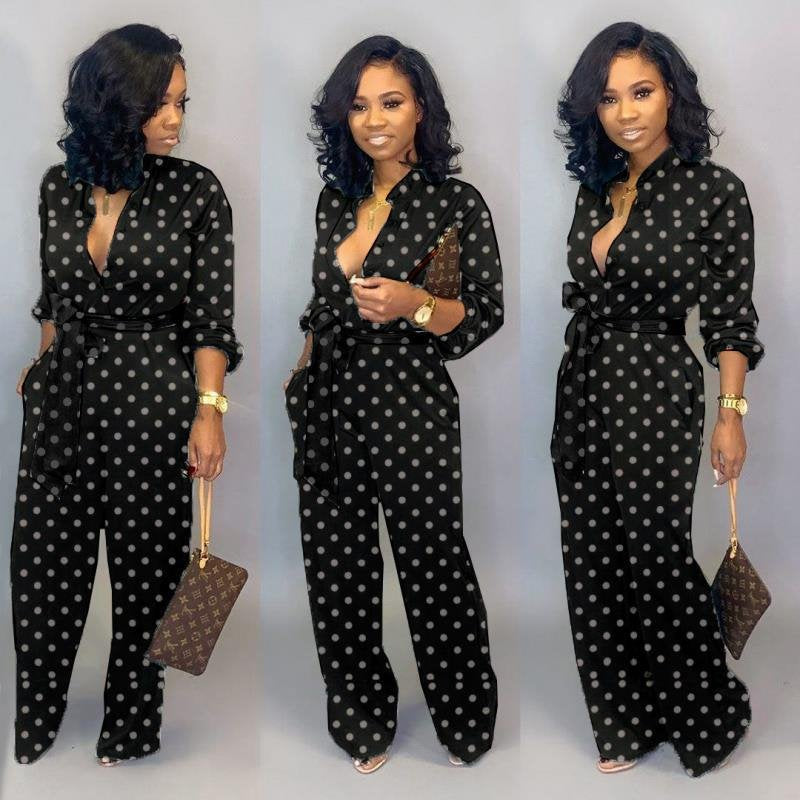 Point Printed Long-Sleeve Jumpsuit