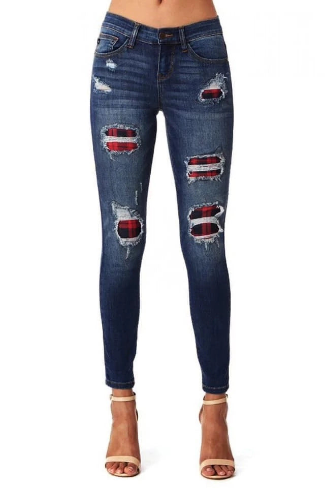 Leopard-print ripped patch stretch jeans