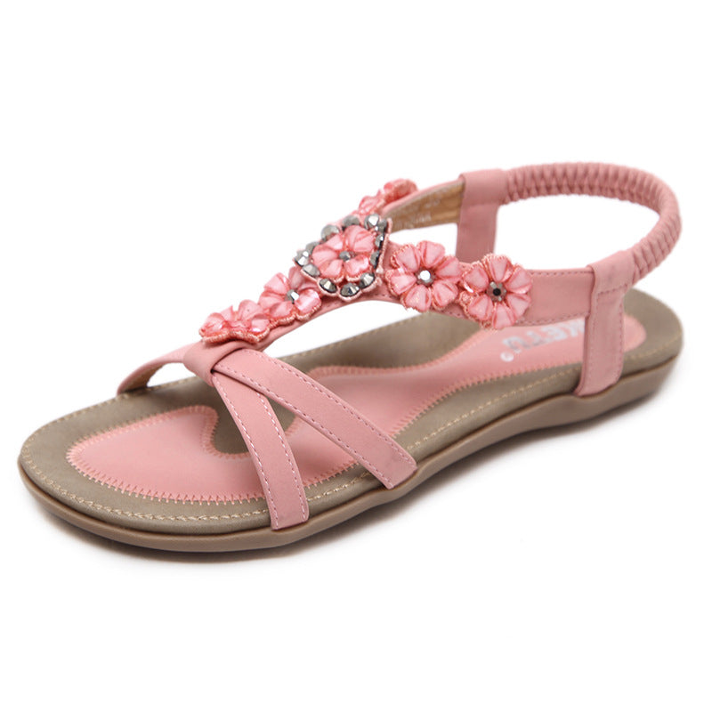 Sandals Women's Bohemian Flowers Rhinestone Flats Beach Shoes