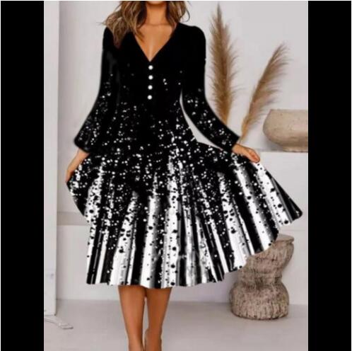 Fashion Printed Loose Long Sleeve Long Dress A Line Skirt