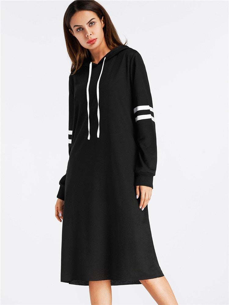 Black Hoodies Dress Women Long Sleeve Striped Casual Tops With Hooded Loose Dresses Spring Autumn Vestidos Pullovers Female