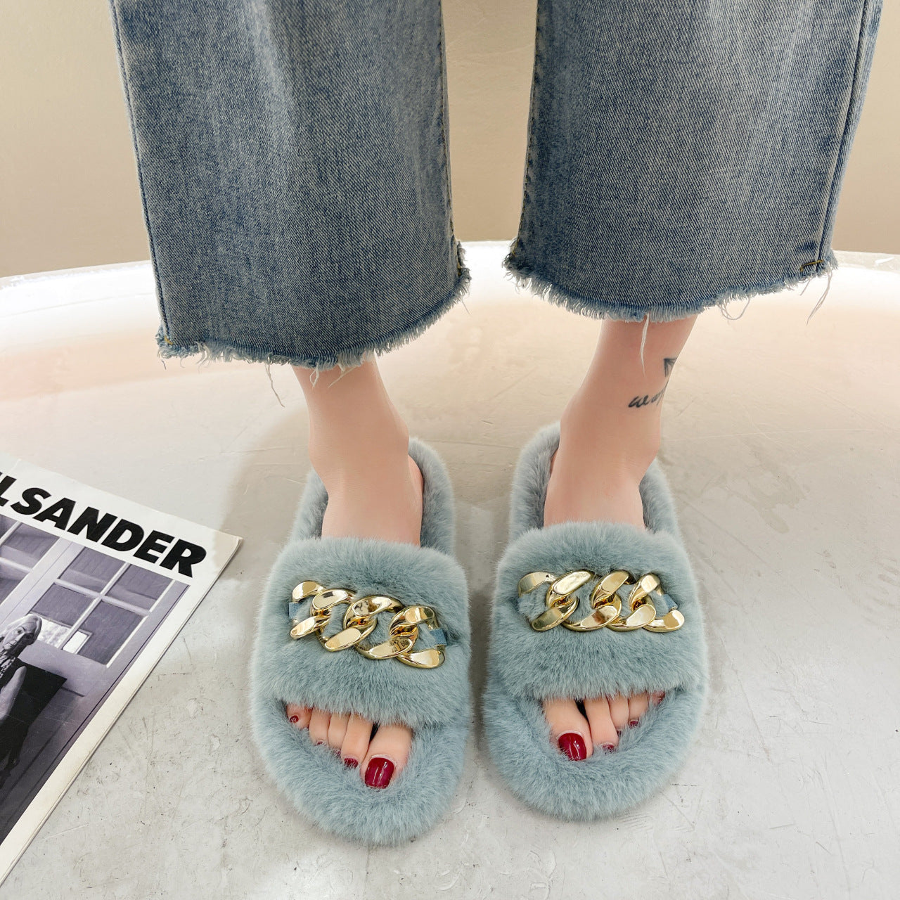 Chain Fuzzy Slippers Fluffy House Shoes For Women Winter