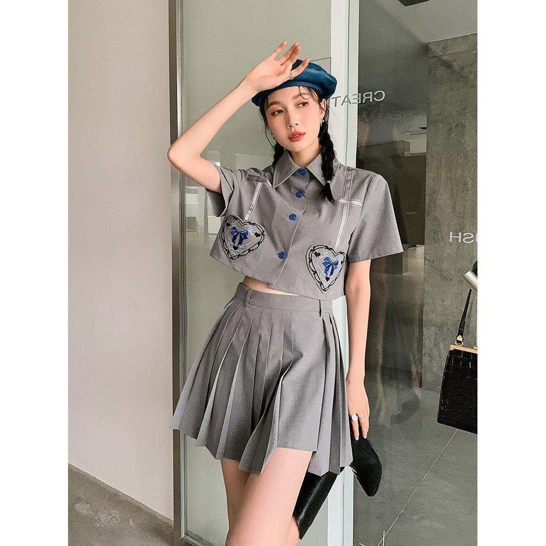 Soft Girl Short-sleeved Lapel Top And High-waist Pleated Skirt