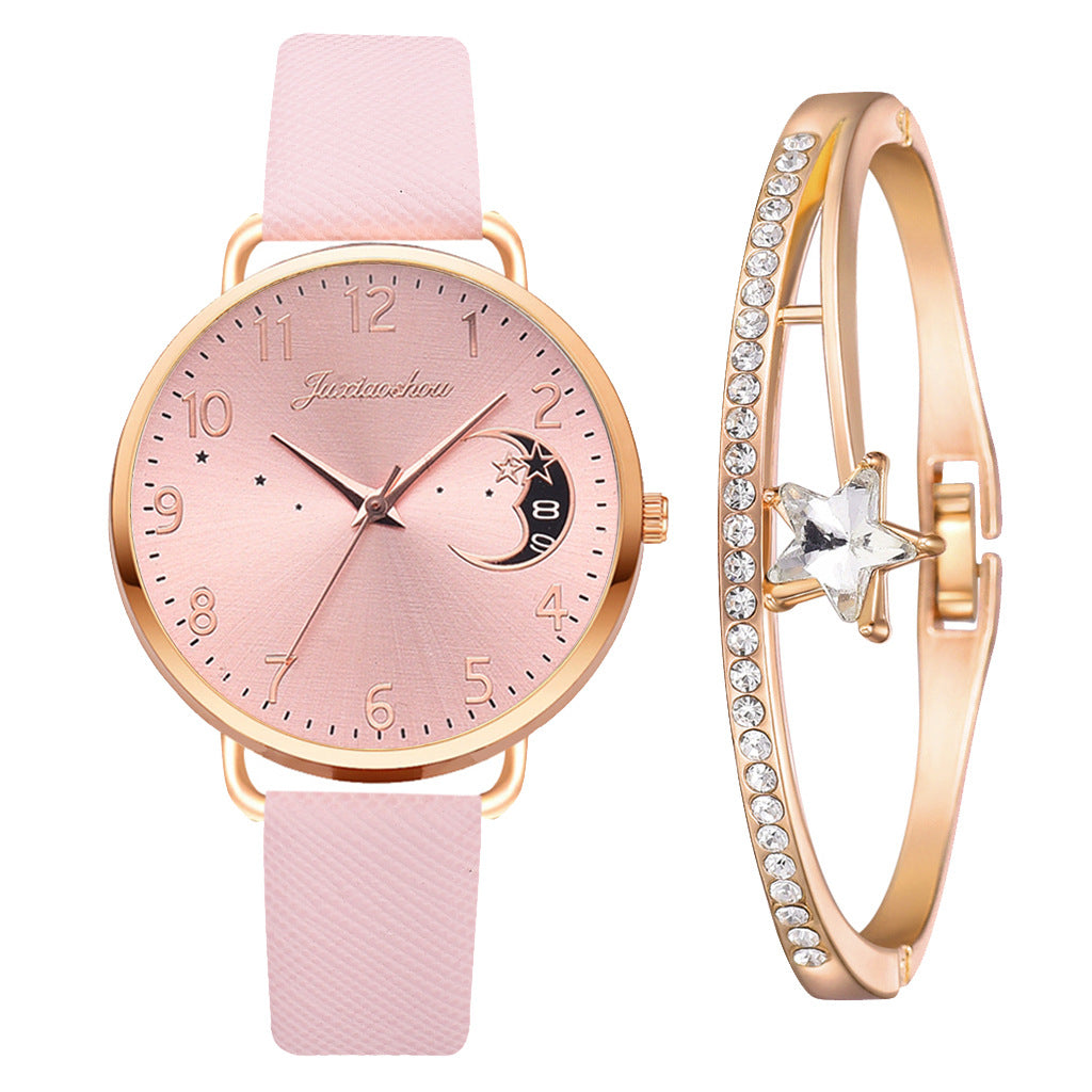 Women's Pu Strap Moon Pattern Quartz Watch Set