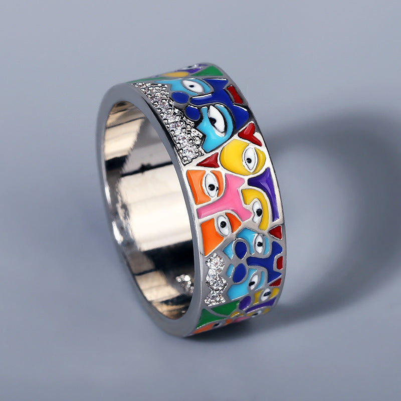 Creative Flower Enamel Epoxy Silver Diamond Ring For Women