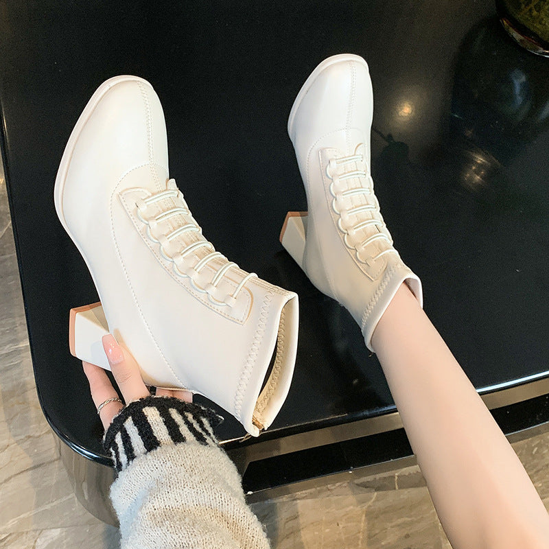 Round Head Square Root Soft Bottom Lace-up Casual Simple Style Shoes Women