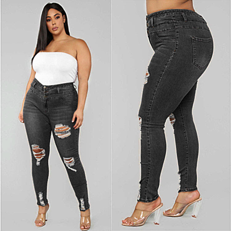 High Waist Ripped Large Size Jeans