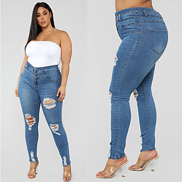 High Waist Ripped Large Size Jeans