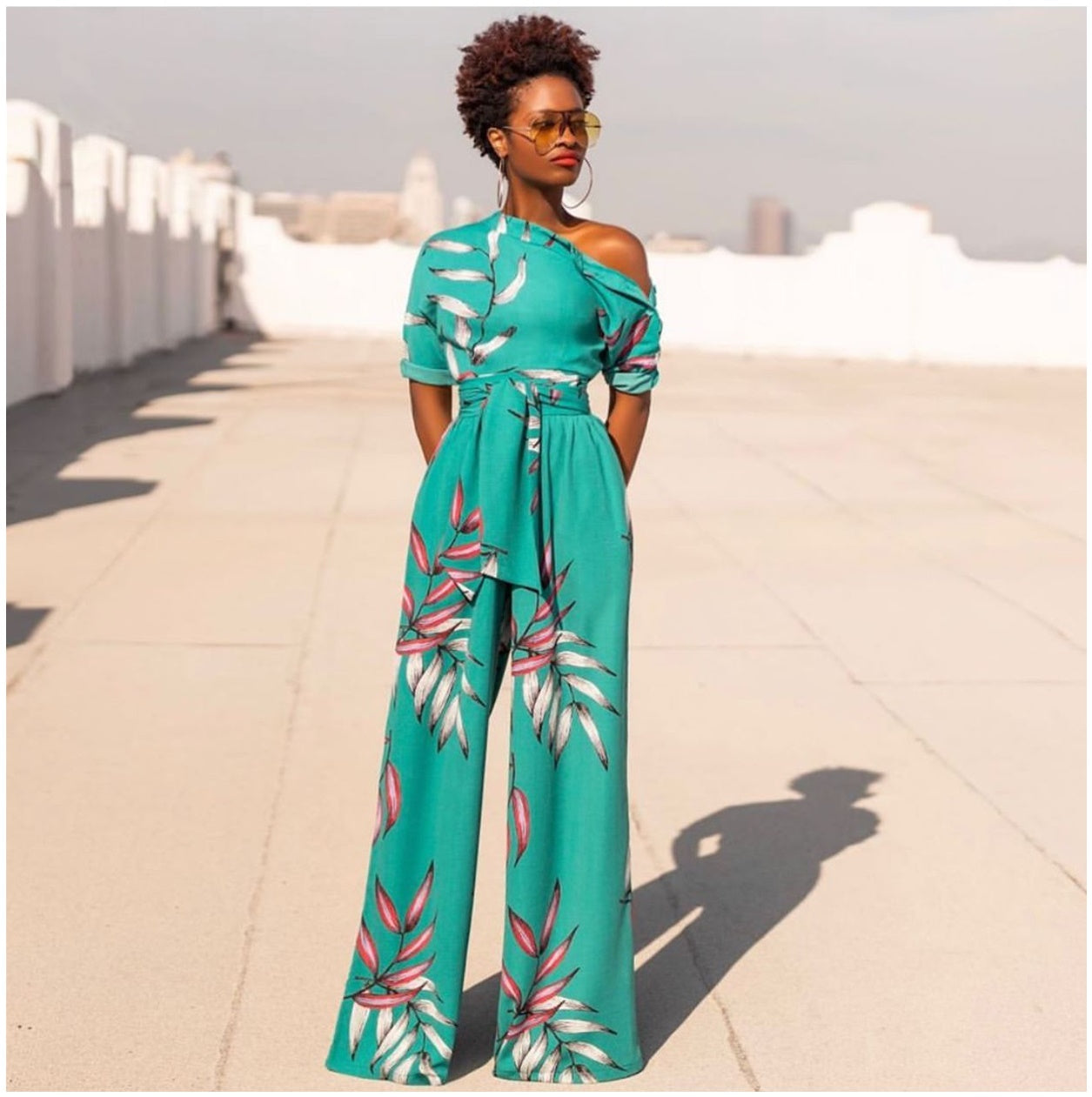 One-shoulder Printed Short-sleeved Wide-leg Jumpsuit Women