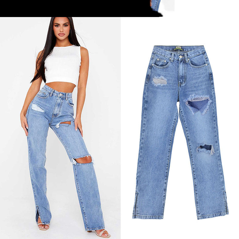 Women's High-waisted, Slim, Straight-leg Denim Trousers, Mopping Pants