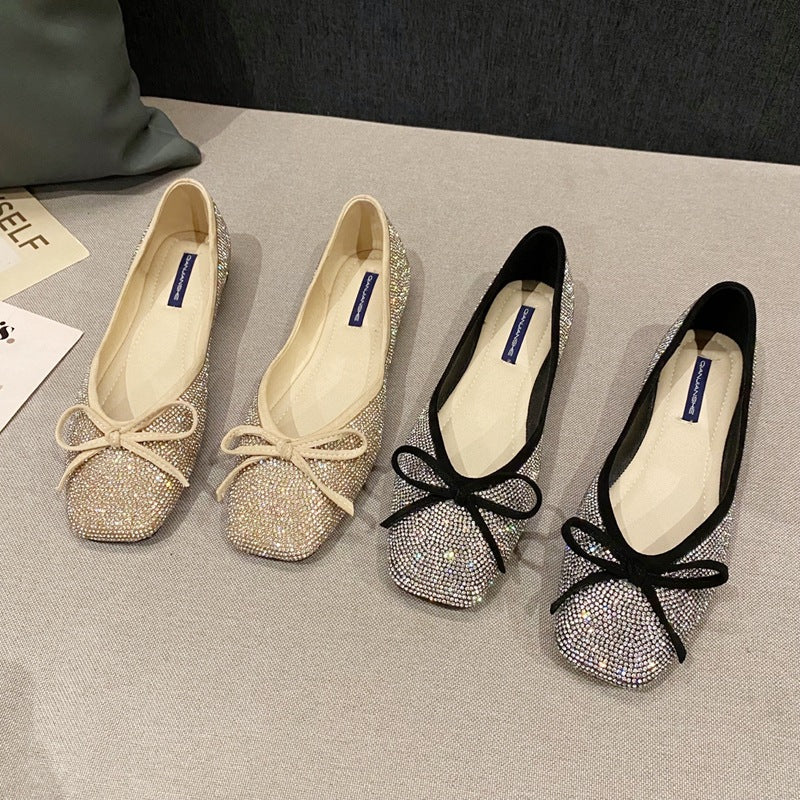 Women's Rhinestone Square Toe Flat Tods Shoes