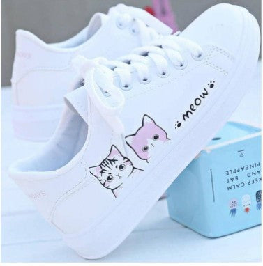 Zapatos blancos pequeños de cuero, zapatos planos de mujer, zapatos de mujer, zapatos blancos de gato