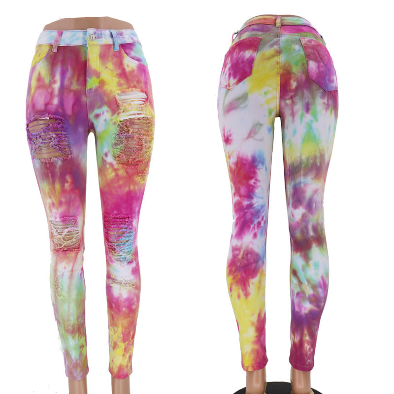 Tie-dye print ripped jeans