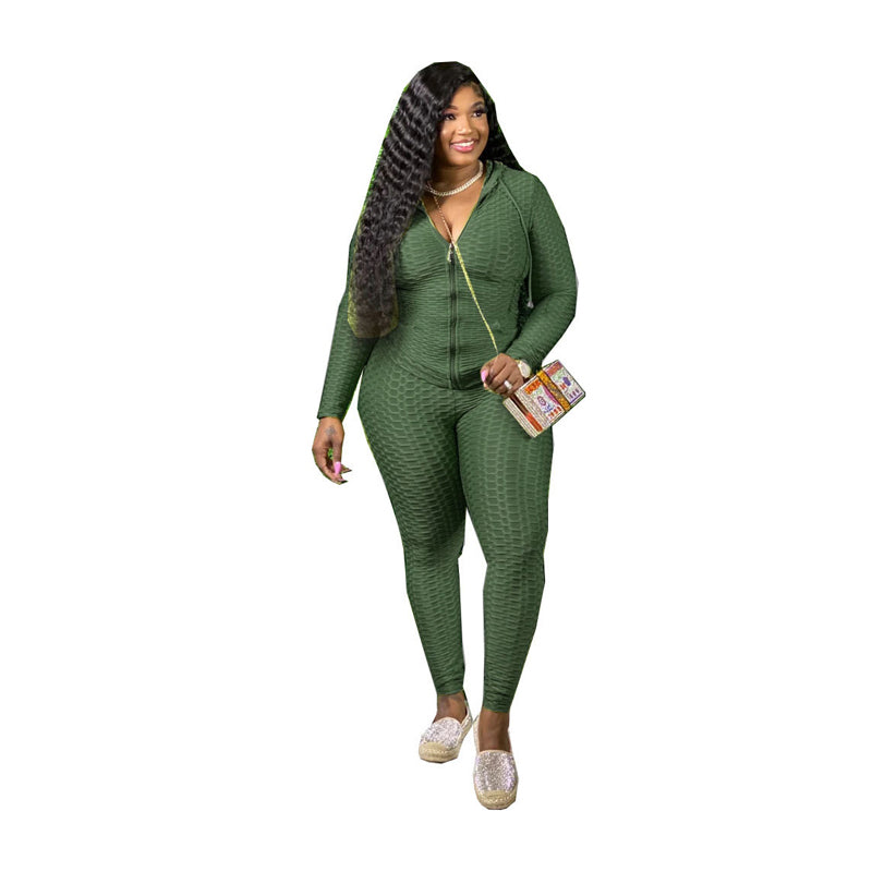 Solid Color Women Plus Size Two Piece Set Sport Suit