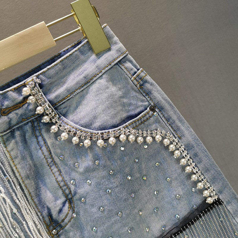 Denim High Waist Heavy Industry Rhinestone Fringed A-Line Skirt