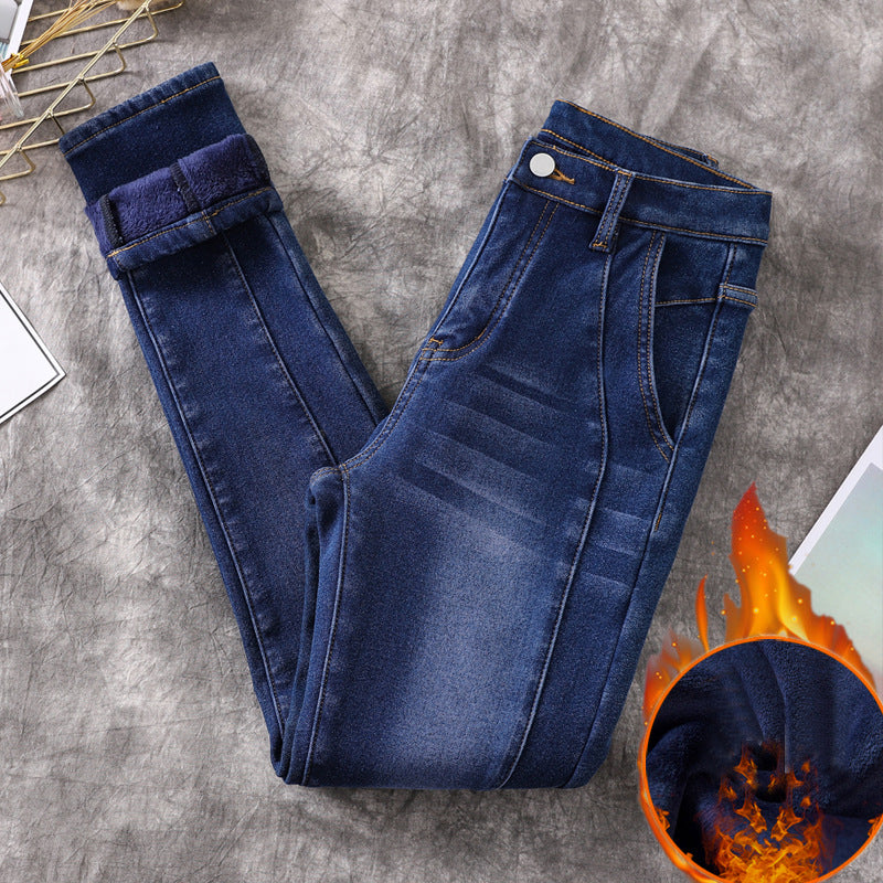 Large Size Plus Velvet Thick Slim-fit Denim Female Long