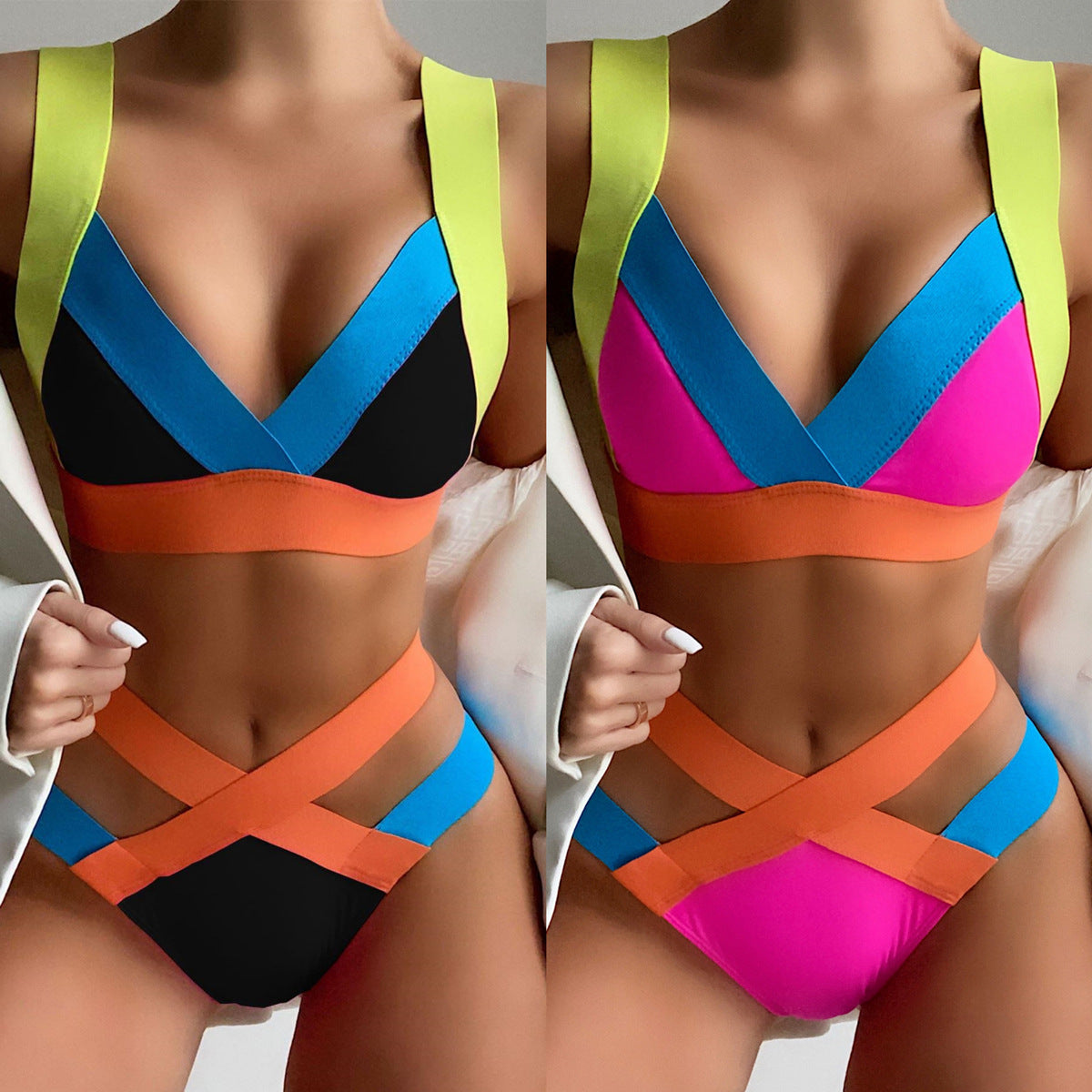 Ladies Colorful Bandage Bikini Triangle Bag Swimsuit