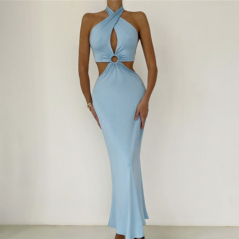 Women's Dresses Sexy Fashion Stitching Neck Straps Backless Long Dress