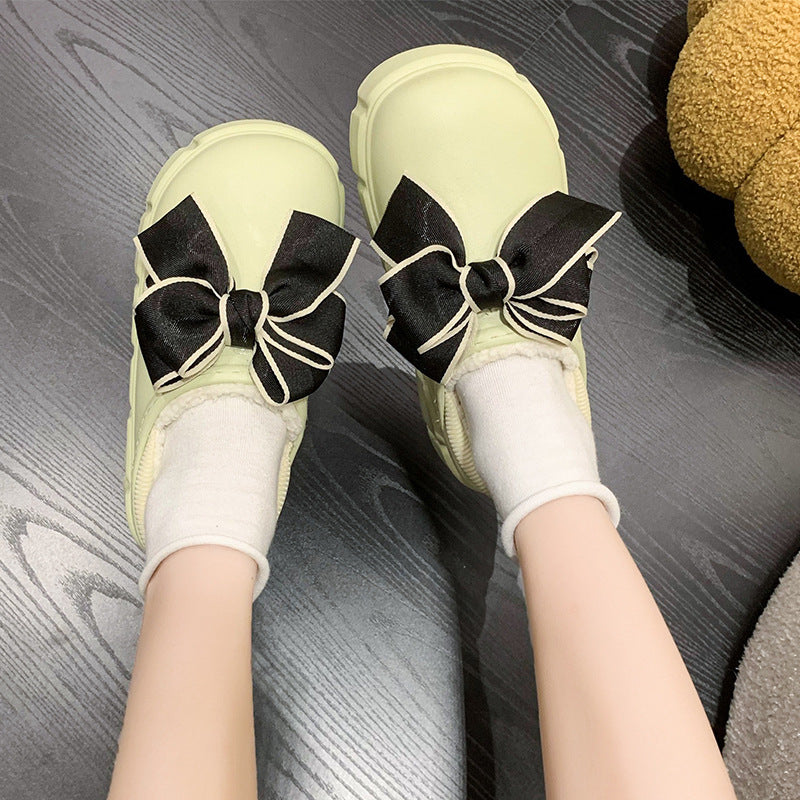 Bowknot Cotton Slippers Warm With Velvet Waterproof Home Indoor Platform Cotton Shoes