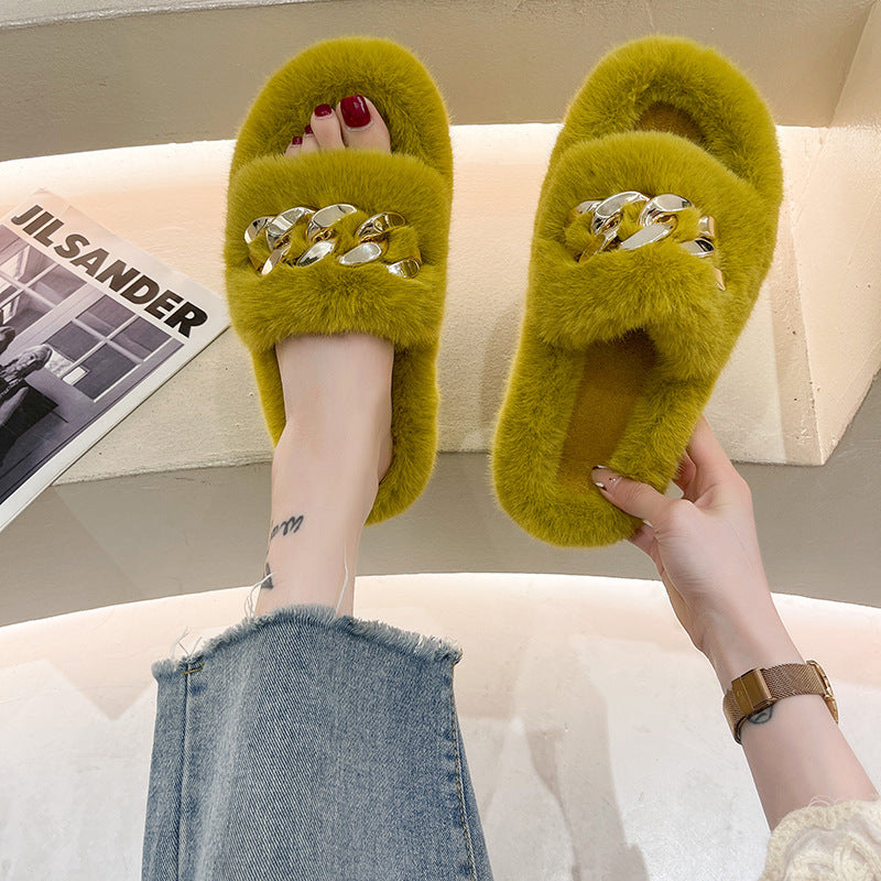 Chain Fuzzy Slippers Fluffy House Shoes For Women Winter