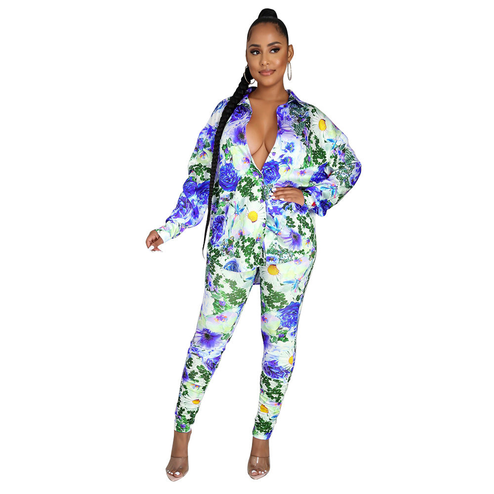 Fashion Casual Sexy Print Long Sleeve Two-Piece Suit