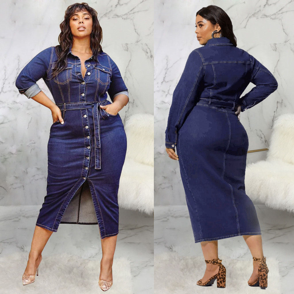 Dress Fashion Plus Size Denim Dress Women Casual, Long Sleeves