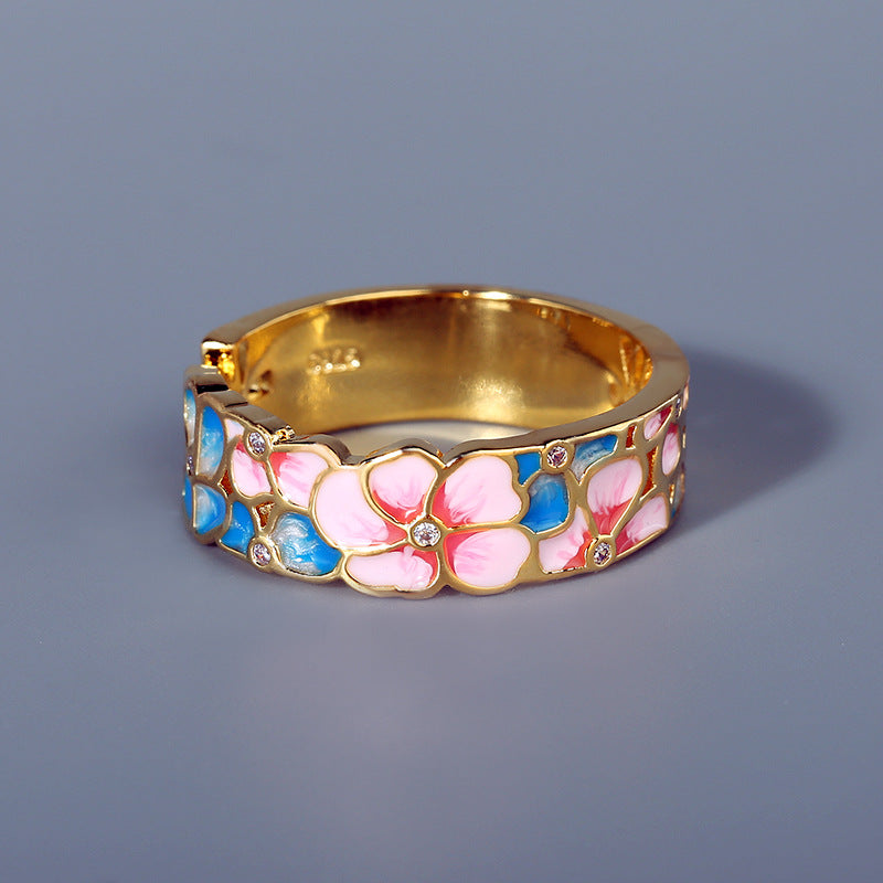 Creative Flower Enamel Epoxy Silver Diamond Ring For Women