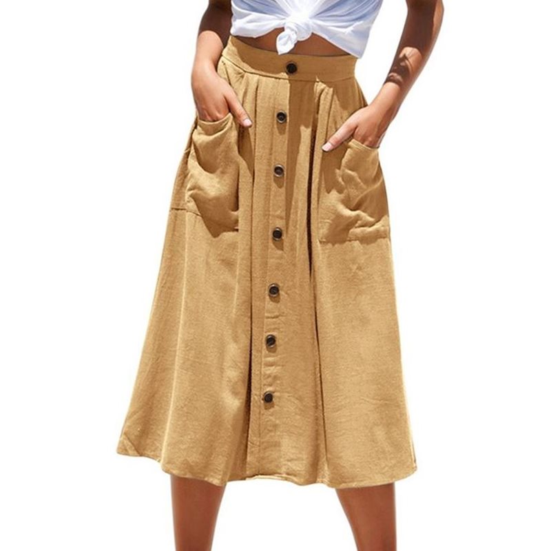 Single Breasted Buttons Midi Skirt Pocket