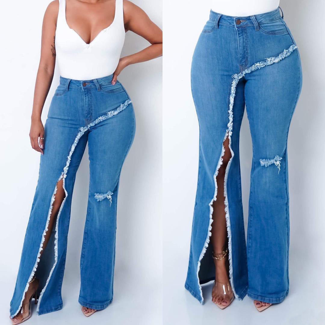 Nuevo estilo elástico rasgado pantalones acampanados jeans mujeres