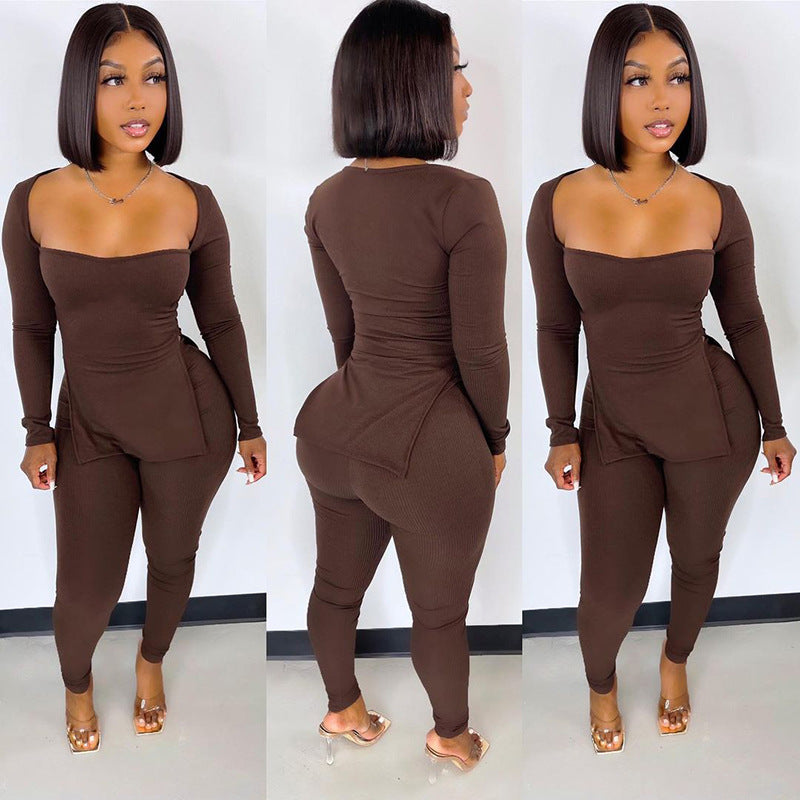 Fashion Solid Color Split Long-sleeved T-shirt Casual Tight Pants Suit