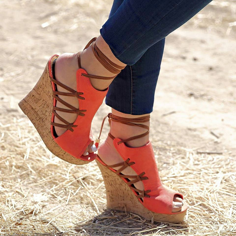 Women's Lace-up Fringed Sweet Fish Mouth Wedge Sandals