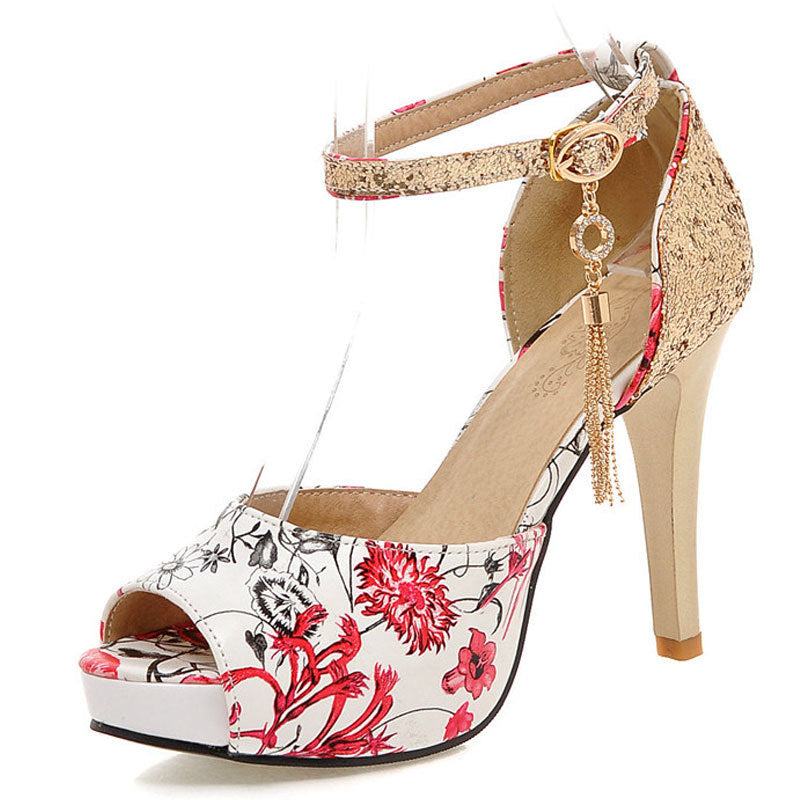 Women's High Heel Sequin Print Fish Mouth Sandals