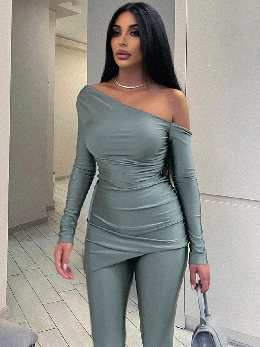 Solid Color One-shoulder Cold-shoulder Long Sleeve Top Tight Trousers Casual Suit