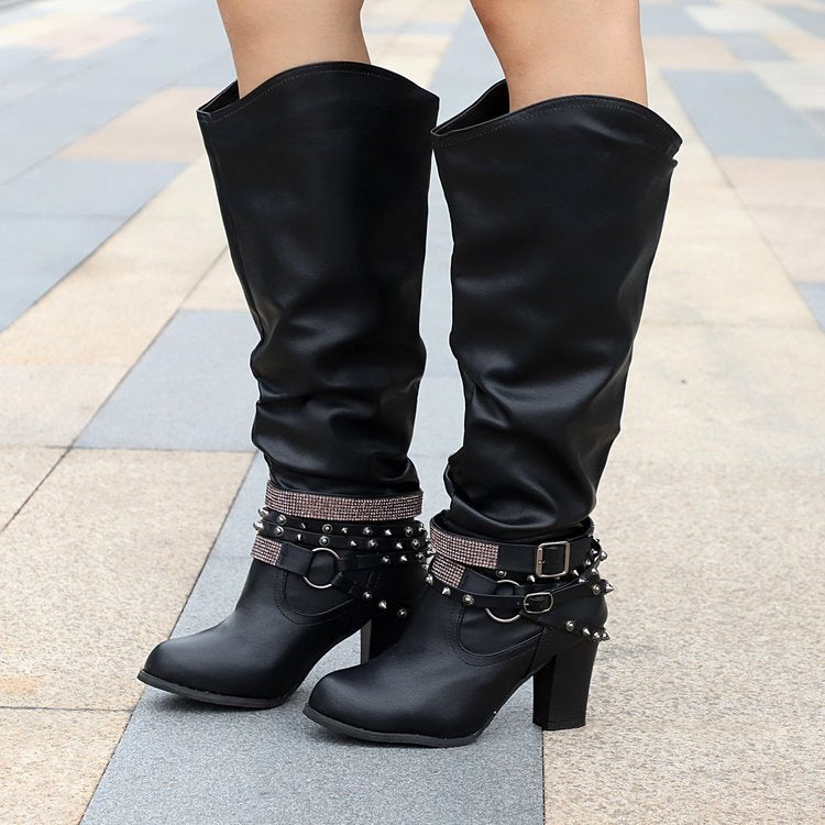 Rhinestone thick heel European and American knight boots