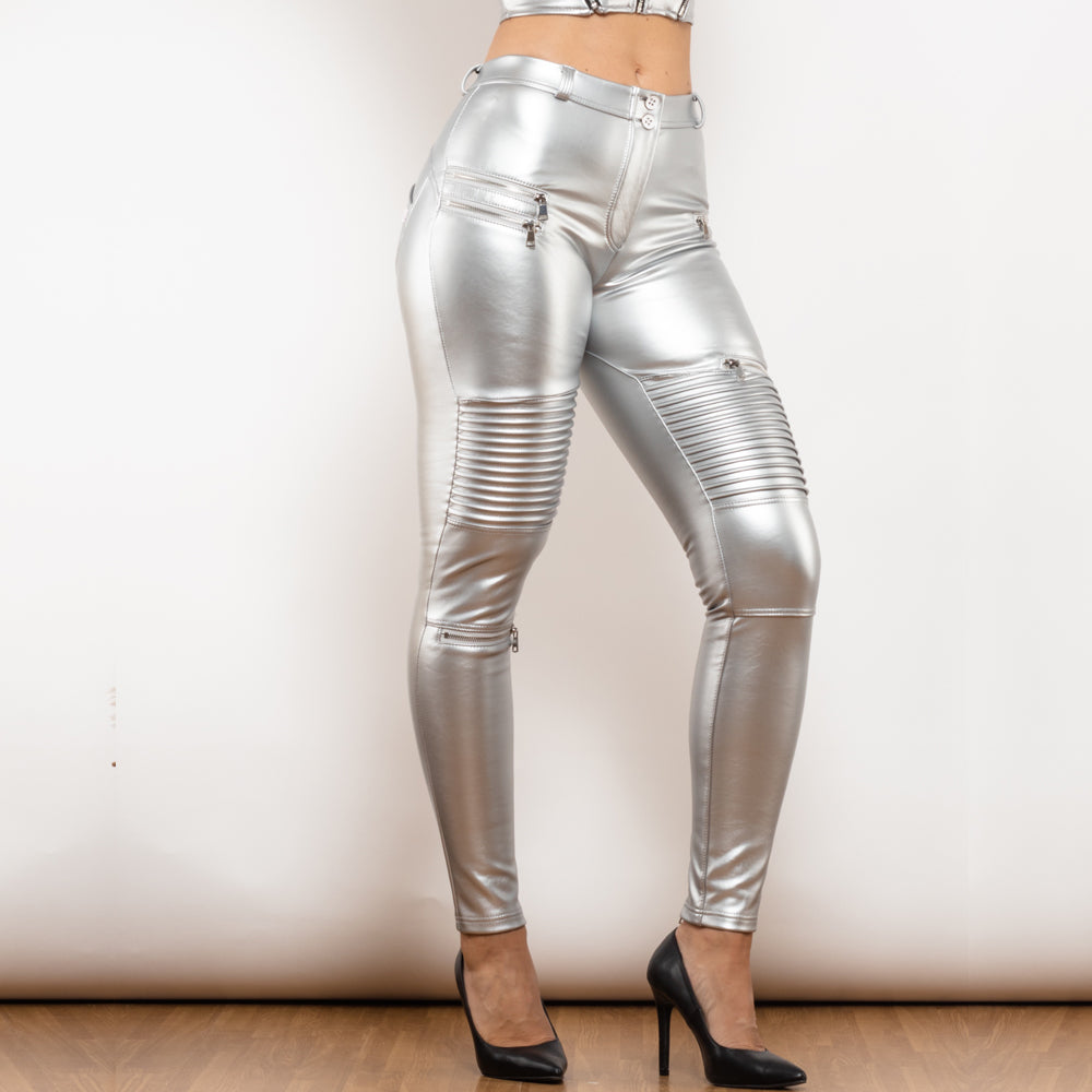 Shascullfites Melody Silver Faux Leather Pants Pu Coating Windshield Waterproof Pants Slim Leather Biker Pants