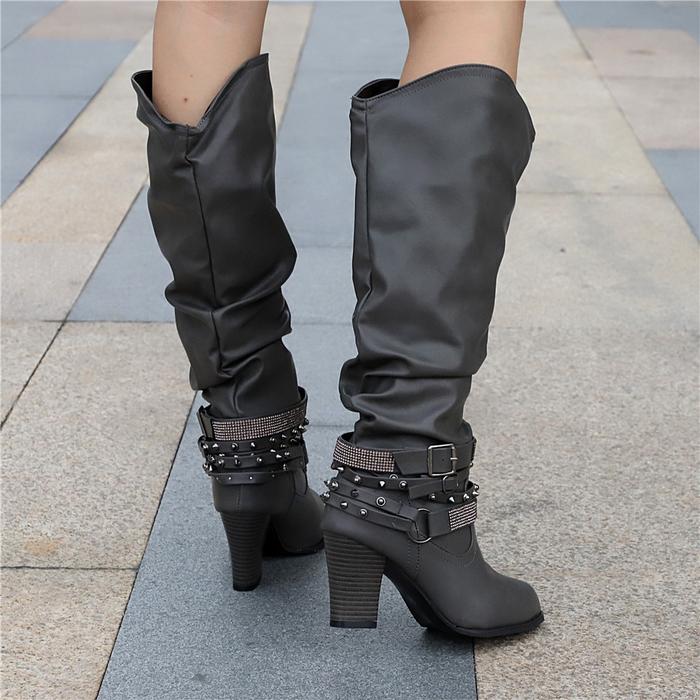 Rhinestone thick heel European and American knight boots