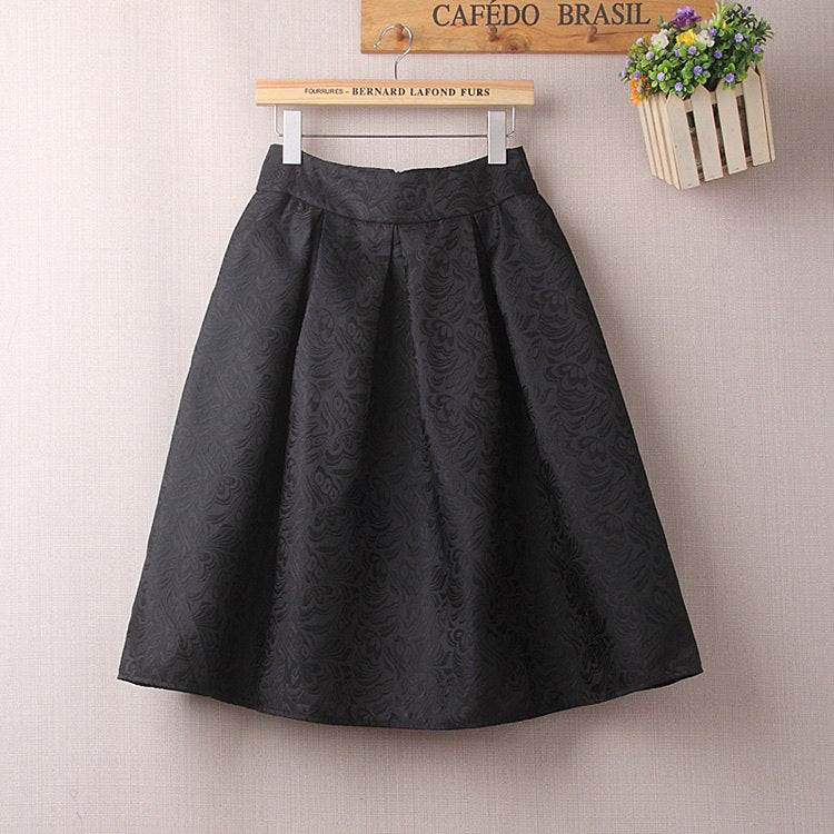 Winter Black Red Jacquard Pleated Ball Gown Skater Ladies Midi Skirts