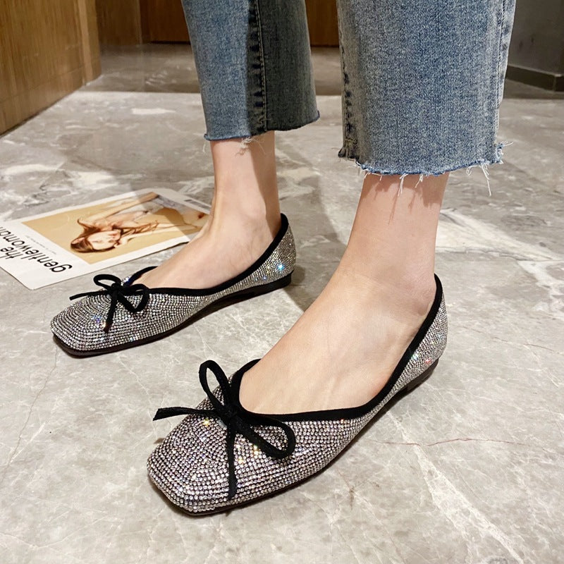 Women's Rhinestone Square Toe Flat Tods Shoes