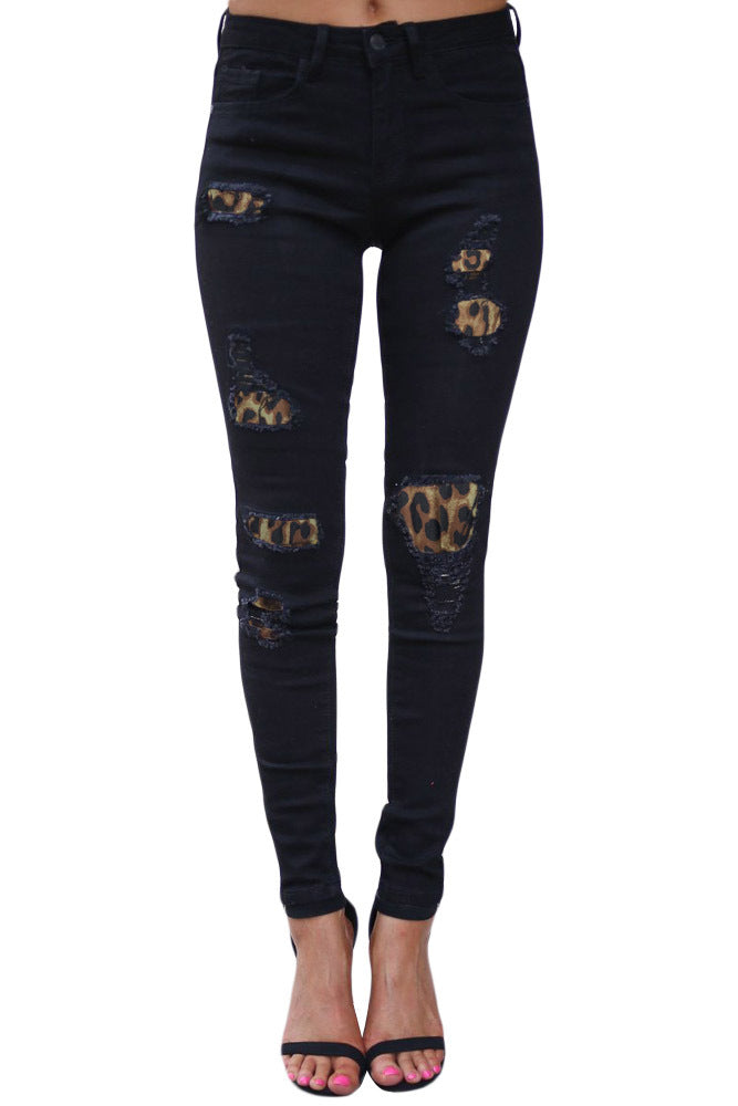 Leopard-print ripped patch stretch jeans