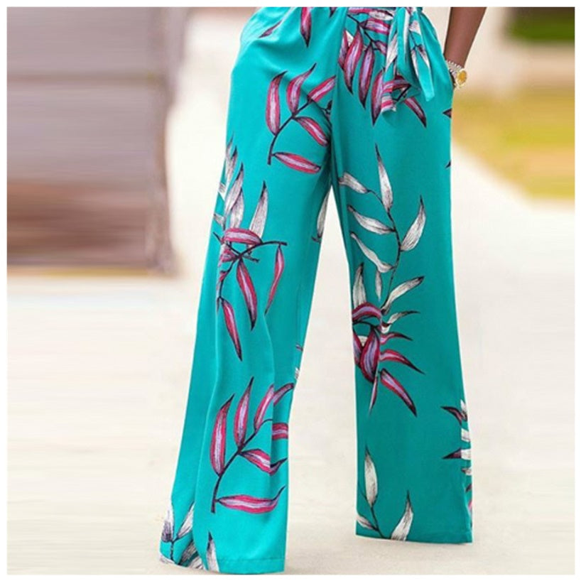 One-shoulder Printed Short-sleeved Wide-leg Jumpsuit Women