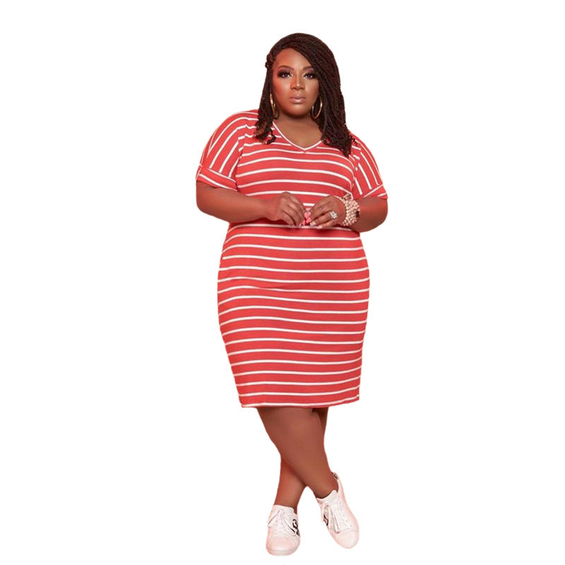 Striped Printed Dress Plus Size Women's Clothing