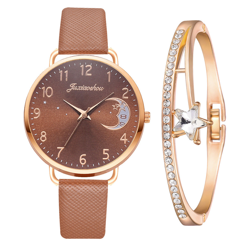 Women's Pu Strap Moon Pattern Quartz Watch Set