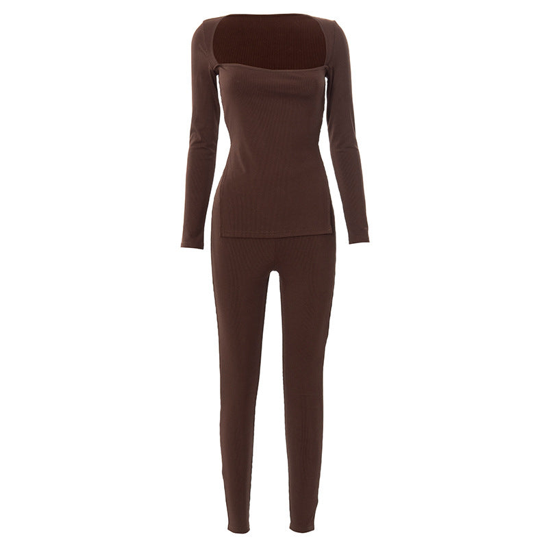 Fashion Solid Color Split Long-sleeved T-shirt Casual Tight Pants Suit