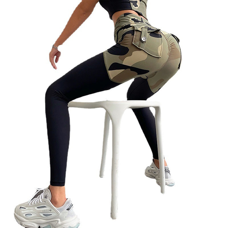 Workwear Style Camouflage Stitching Fitness Pants Women's Hip Lift High Waist Tight