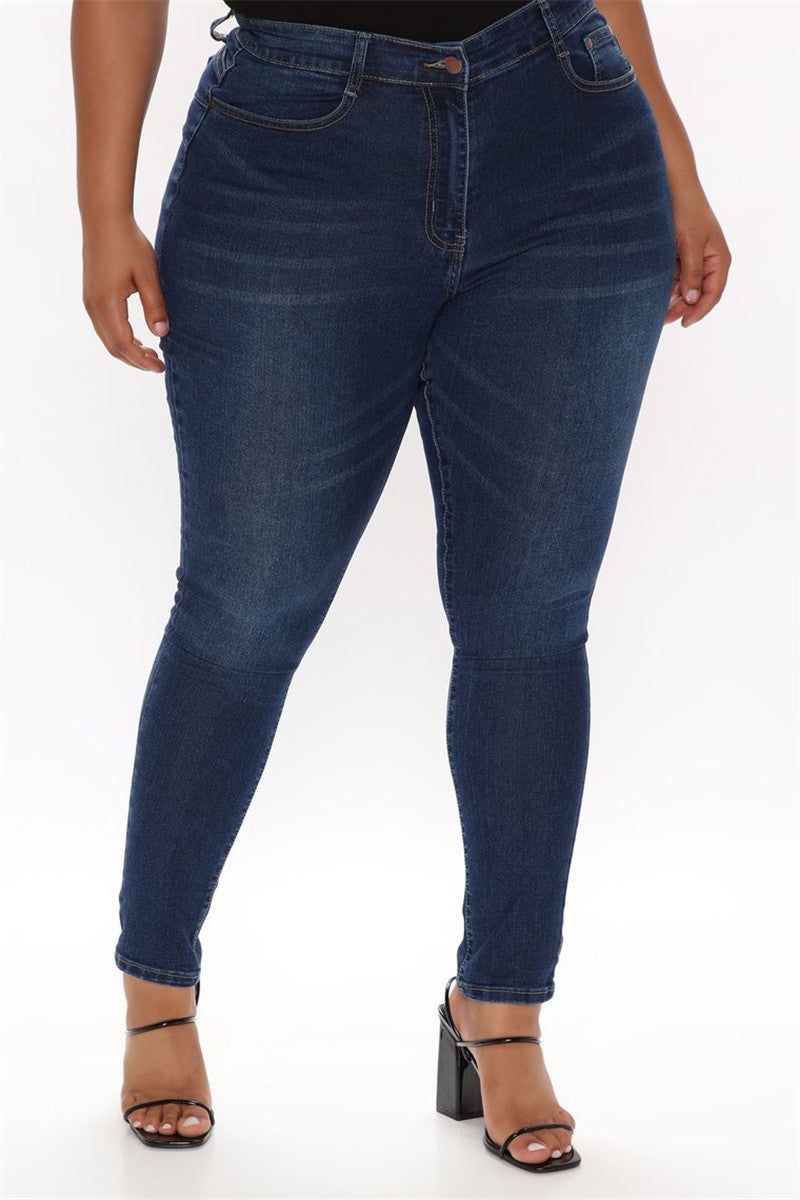 Plus Size Pencil Slim Jeans Stretch Women's Denim Pants Blue