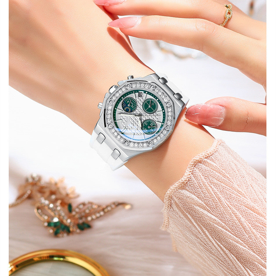 Multi-functional Women's Watch Moon Timing Three-Eye Diamond