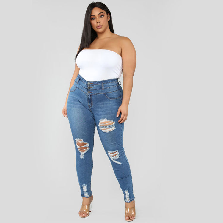 High Waist Ripped Large Size Jeans