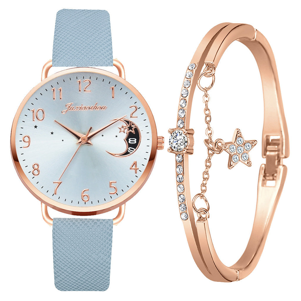 Women's Pu Strap Moon Pattern Quartz Watch Set